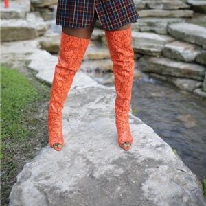 Cape Robbin Orange Snakeskin Print Thigh-High Peep Toe Stilettos Boots Size 8M